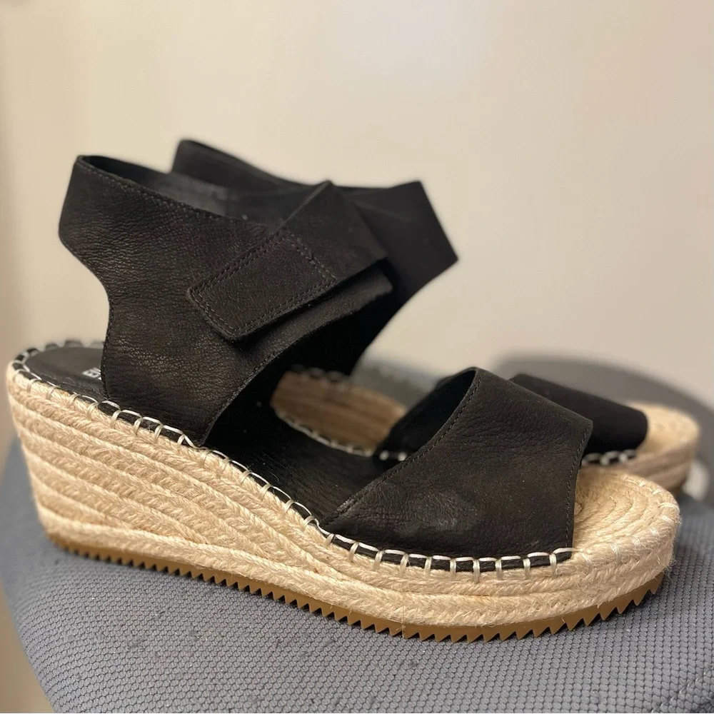Eileen Fisher Black Wedge Leather Espadrille Sandals with Ankle Strap